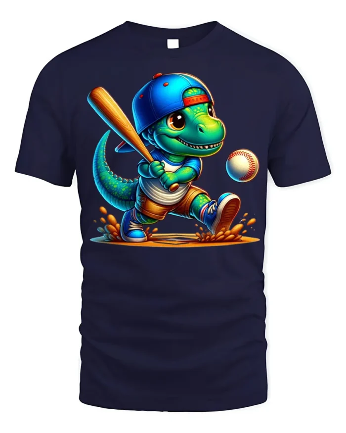 Cute Dinosaur Baseball Batter Graphic T-Shirt Black - navy t-shirt on white background