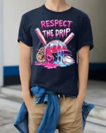 Respect the Drip Baseball Helmet Graphic T-Shirt - model wearing navy shirt, hands in pockets