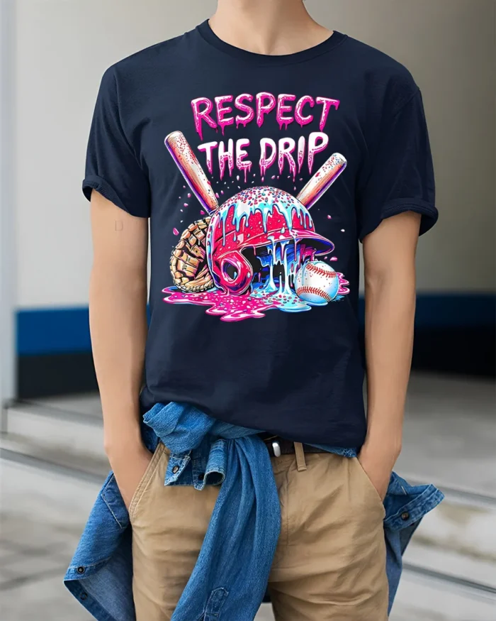 Respect the Drip Baseball Helmet Graphic T-Shirt - model wearing navy shirt, hands in pockets