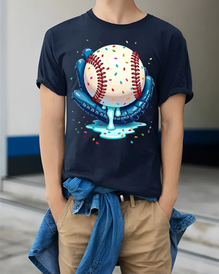 Baseball Ice Cream Drip Glove Graphic T-Shirt Black - model wearing navy shirt, hands in pockets
