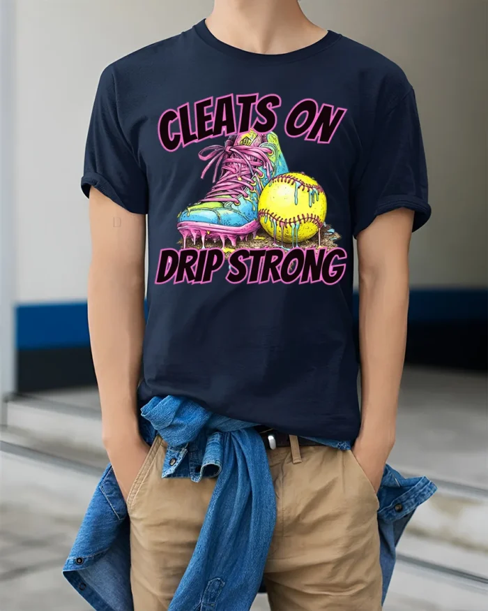 Cleats On Drip Strong Softball Graphic T-Shirt Black - model wearing navy shirt, hands in pockets
