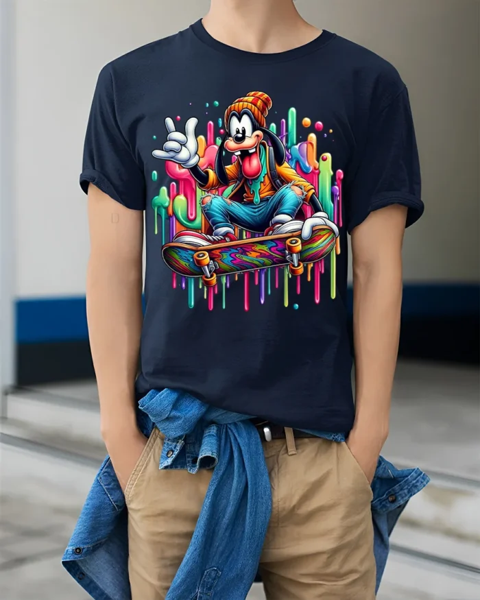 Cartoon Skater Drip Art Skateboard Graphic T-Shirt - model wearing navy shirt, hands in pockets