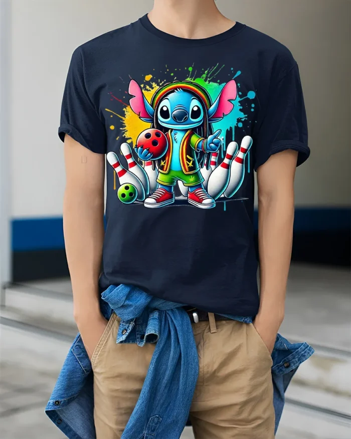 Cartoon Bowling Strike Colorful Graphic T-Shirt Black - model wearing navy shirt, hands in pockets