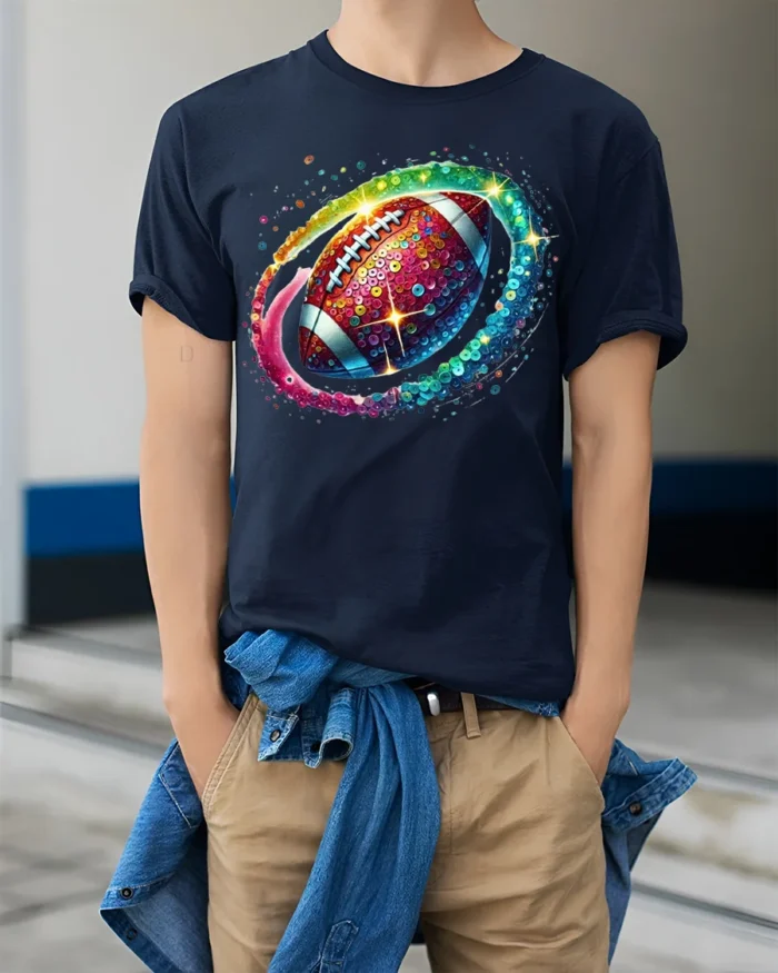 Rainbow Sequin Football Sparkle Graphic T-Shirt Black - model wearing navy shirt, hands in pockets