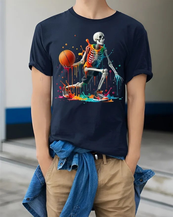 Skeleton Basketball Neon Drip Court Graphic T-Shirt - model wearing navy shirt, hands in pockets