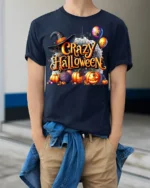 Crazy Halloween Pumpkins Witch Hat Graphic T-Shirt - model wearing navy shirt, hands in pockets