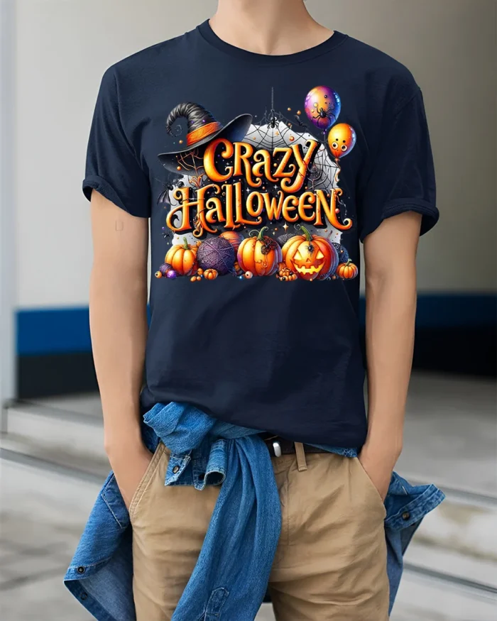 Crazy Halloween Pumpkins Witch Hat Graphic T-Shirt - model wearing navy shirt, hands in pockets