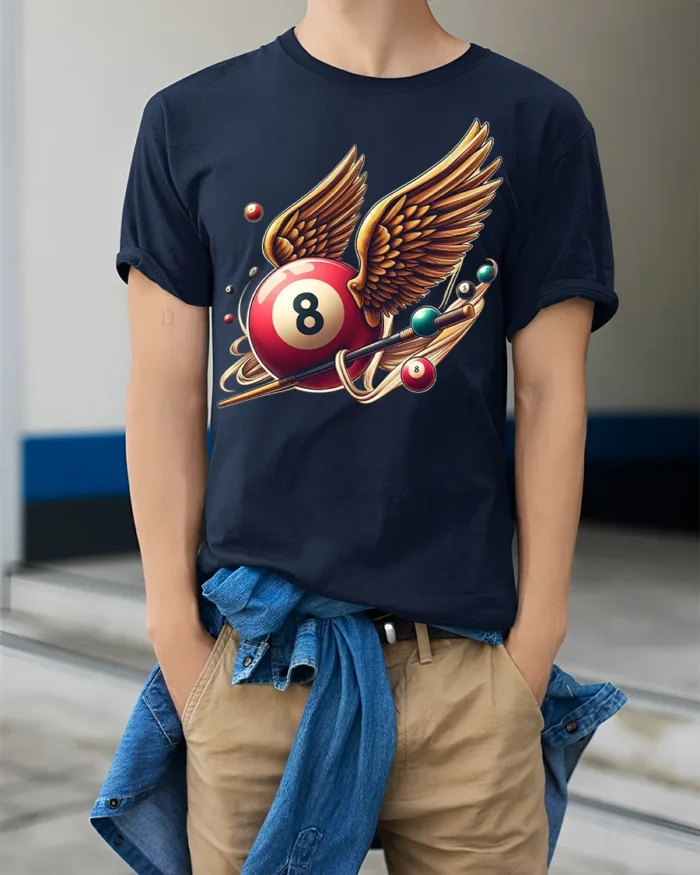 Winged Eight Ball Pool Billiards Graphic T-Shirt - model wearing navy shirt, hands in pockets