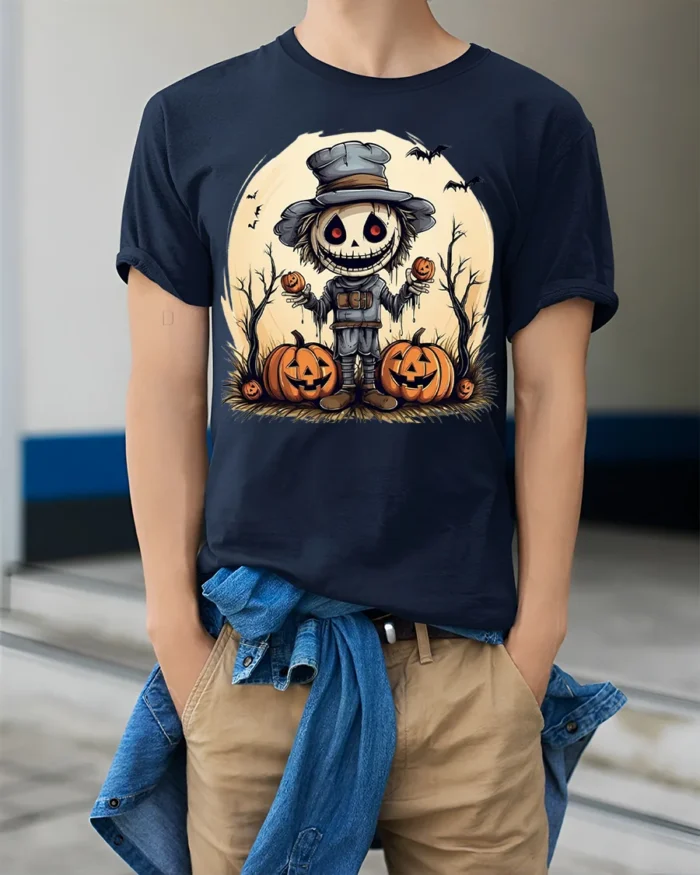 Creepy Scarecrow Pumpkin Halloween Graphic T-Shirt - model wearing navy shirt, hands in pockets