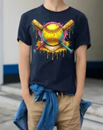 Colorful Softball Drip Bats Graphic T-Shirt Black - model wearing navy shirt, hands in pockets