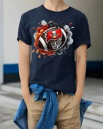 Flaming Skull Football Graphic T-Shirt Black - model wearing navy shirt, hands in pockets