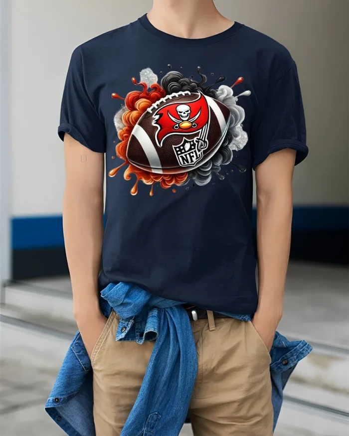 Flaming Skull Football Graphic T-Shirt Black - model wearing navy shirt, hands in pockets
