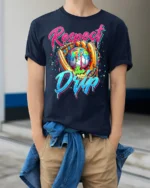 Respect the Drip Baseball Graphic T-Shirt Black - model wearing navy shirt, hands in pockets