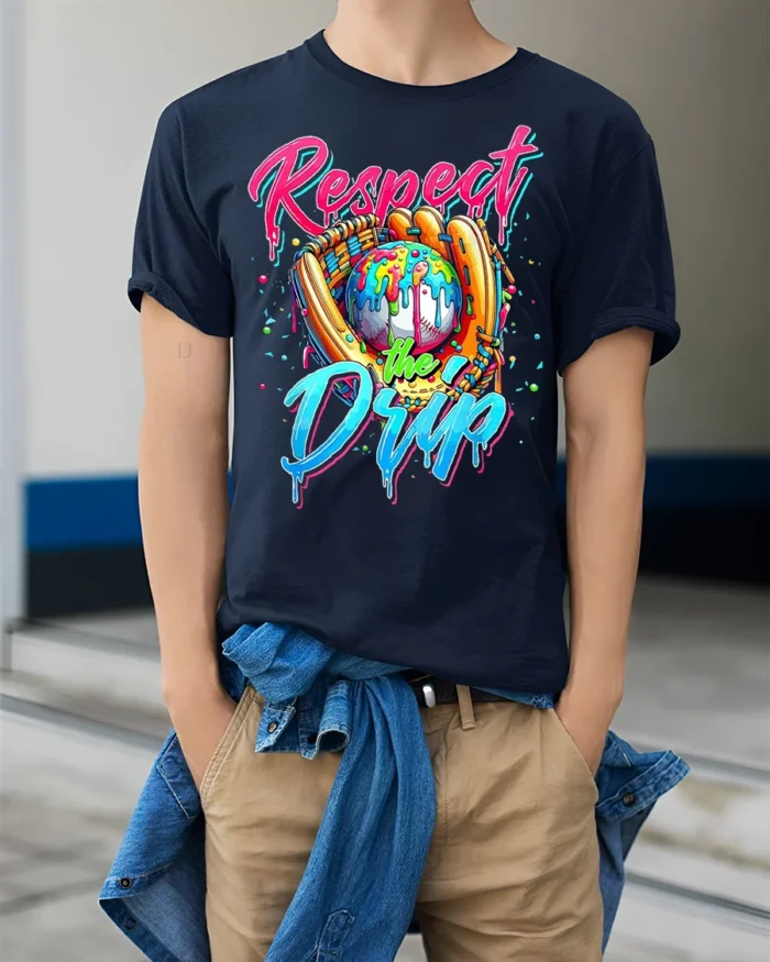 Respect the Drip Baseball Graphic T-Shirt Black - model wearing navy shirt, hands in pockets
