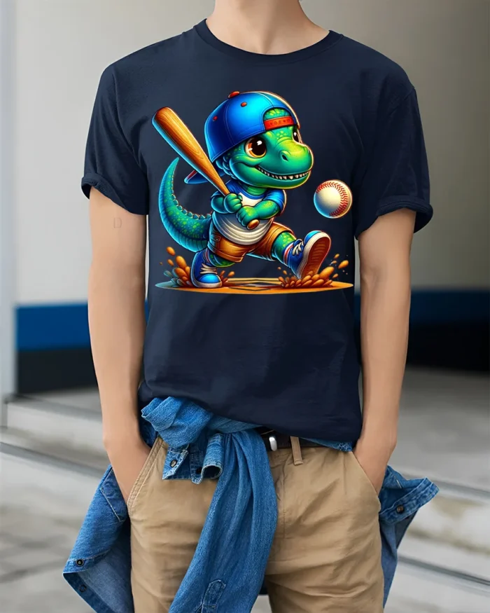 Cute Dinosaur Baseball Batter Graphic T-Shirt Black - model wearing navy shirt, hands in pockets