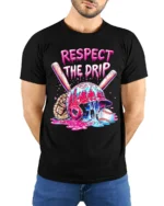Respect the Drip Baseball Helmet Graphic T-Shirt - model wearing black shirt, hands behind back