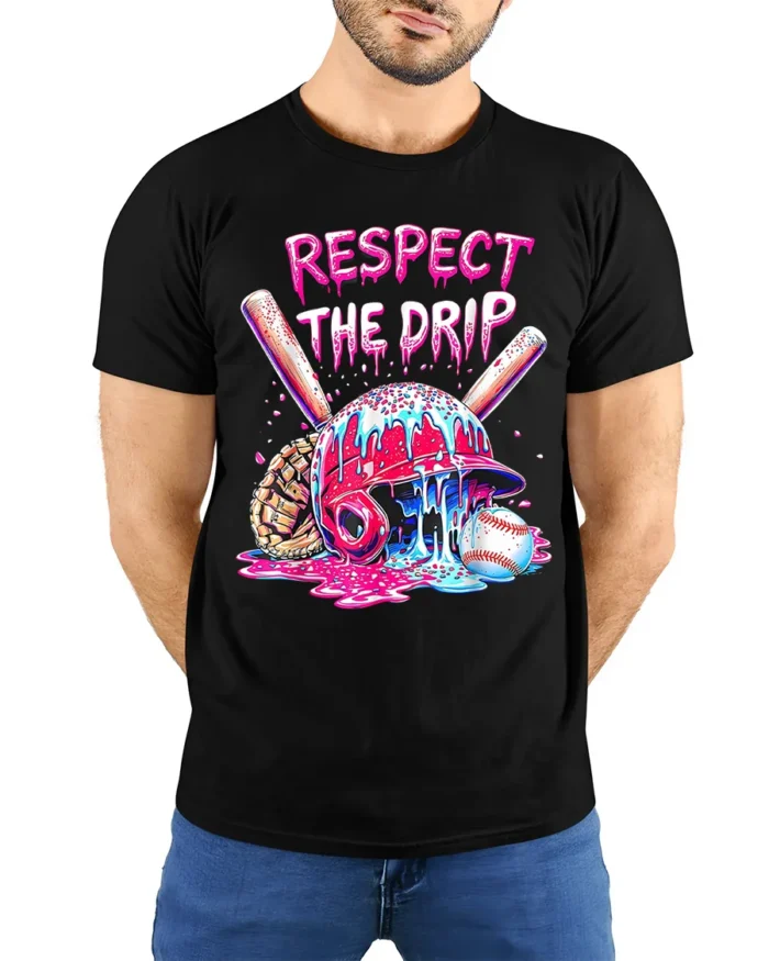 Respect the Drip Baseball Helmet Graphic T-Shirt - model wearing black shirt, hands behind back