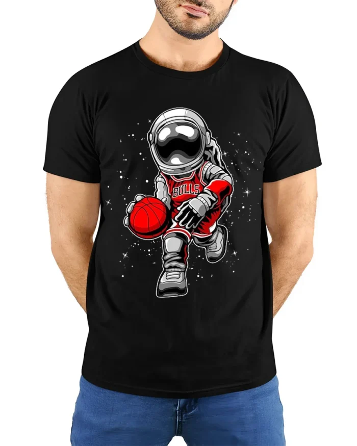Astronaut Basketball Cosmic Dribble Graphic T-Shirt - model wearing black shirt, hands behind back