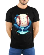 Baseball Ice Cream Drip Glove Graphic T-Shirt Black - model wearing black shirt, hands behind back