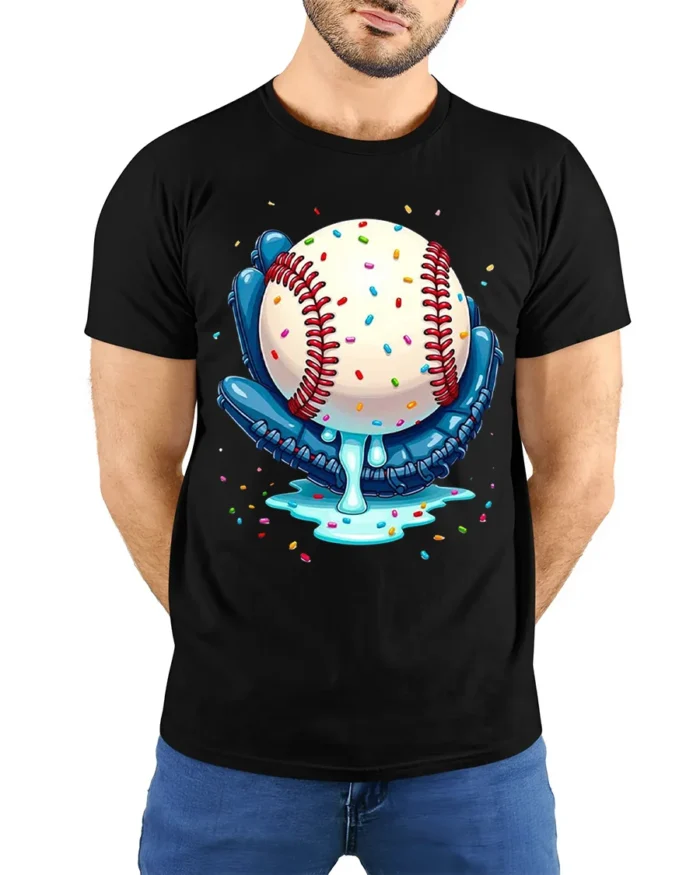 Baseball Ice Cream Drip Glove Graphic T-Shirt Black - model wearing black shirt, hands behind back