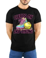 Cleats On Drip Strong Softball Graphic T-Shirt Black - model wearing black shirt, hands behind back