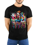 Cartoon Skater Drip Art Skateboard Graphic T-Shirt - model wearing black shirt, hands behind back
