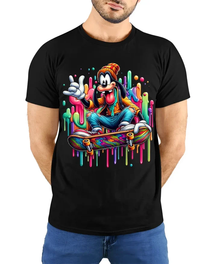 Cartoon Skater Drip Art Skateboard Graphic T-Shirt - model wearing black shirt, hands behind back