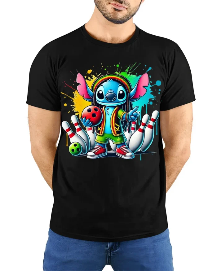 Cartoon Bowling Strike Colorful Graphic T-Shirt Black - model wearing black shirt, hands behind back
