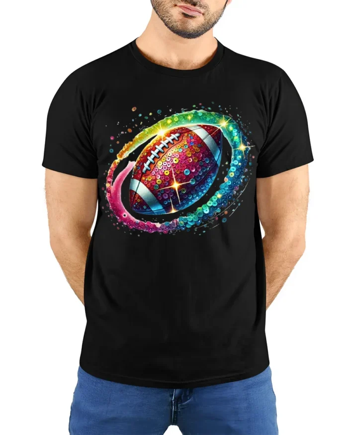 Rainbow Sequin Football Sparkle Graphic T-Shirt Black - model wearing black shirt, hands behind back