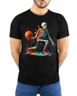 Skeleton Basketball Neon Drip Court Graphic T-Shirt - model wearing black shirt, hands behind back