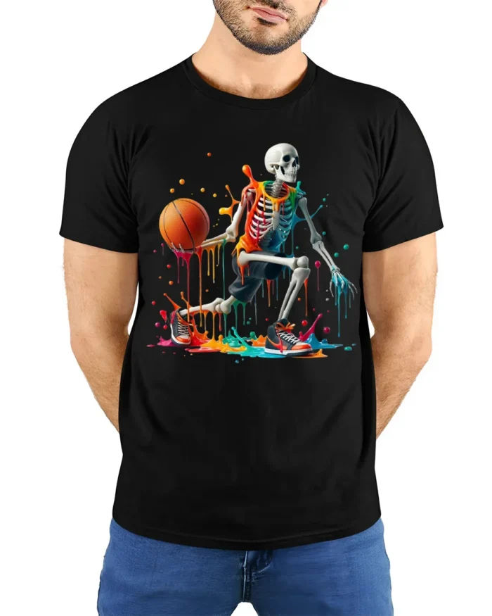 Skeleton Basketball Neon Drip Court Graphic T-Shirt - model wearing black shirt, hands behind back