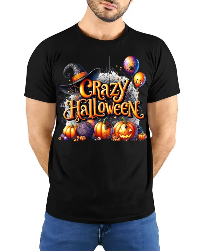 Crazy Halloween Pumpkins Witch Hat Graphic T-Shirt - model wearing black shirt, hands behind back