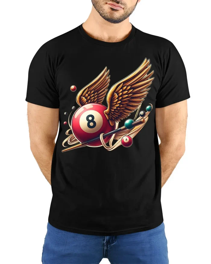 Winged Eight Ball Pool Billiards Graphic T-Shirt - model wearing black shirt, hands behind back