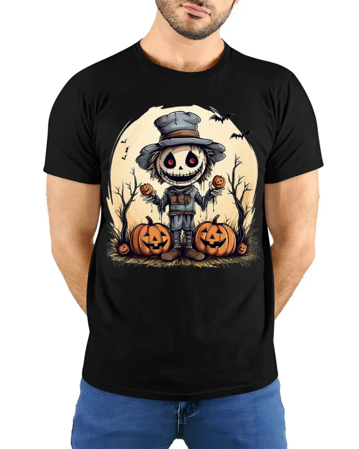 Creepy Scarecrow Pumpkin Halloween Graphic T-Shirt - model wearing black shirt, hands behind back