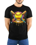 Colorful Softball Drip Bats Graphic T-Shirt Black - model wearing black shirt, hands behind back