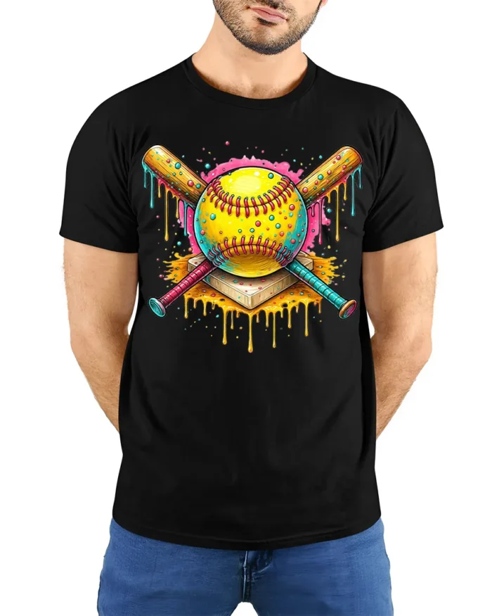Colorful Softball Drip Bats Graphic T-Shirt Black - model wearing black shirt, hands behind back