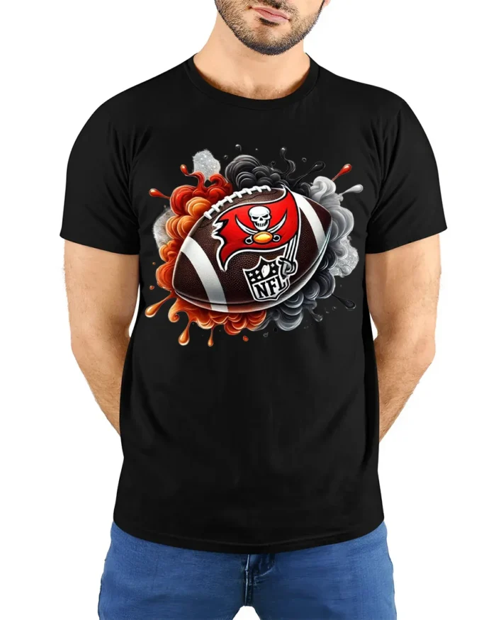 Flaming Skull Football Graphic T-Shirt Black - model wearing black shirt, hands behind back