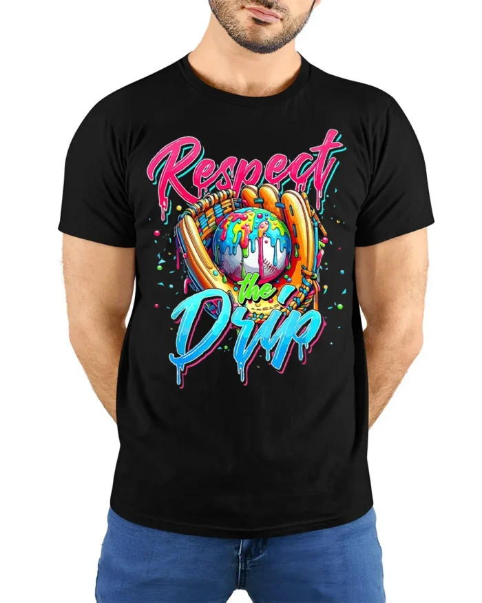 Respect the Drip Baseball Graphic T-Shirt Black - model wearing black shirt, hands behind back