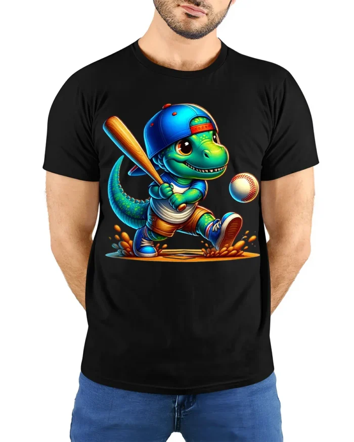 Cute Dinosaur Baseball Batter Graphic T-Shirt Black - model wearing black shirt, hands behind back