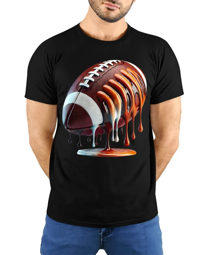 Dripping Football Game Day Graphic T-Shirt Black - model wearing black shirt, hands behind back