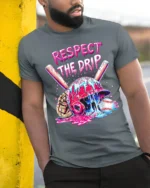 Respect the Drip Baseball Helmet Graphic T-Shirt - model in grey shirt leaning against column