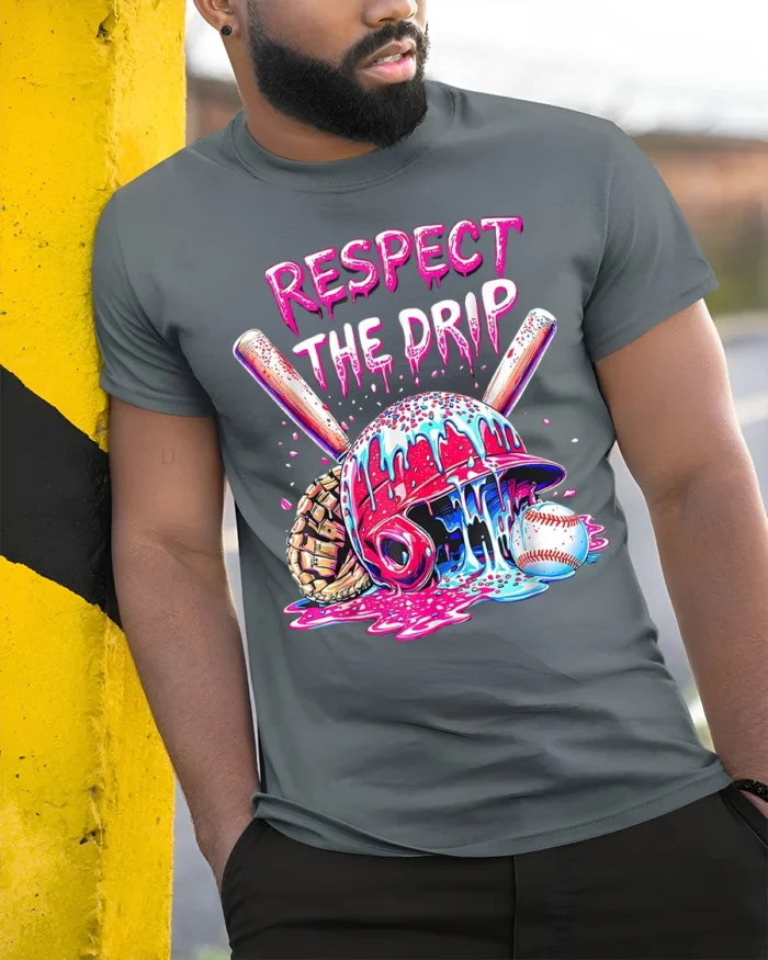 Respect the Drip Baseball Helmet Graphic T-Shirt - model in grey shirt leaning against column