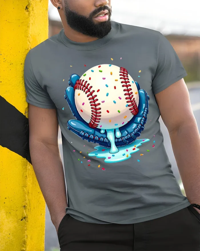 Baseball Ice Cream Drip Glove Graphic T-Shirt Black - model in grey shirt leaning against column
