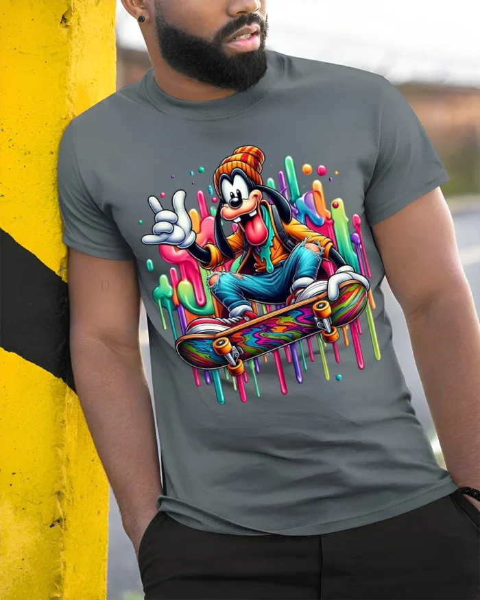 Cartoon Skater Drip Art Skateboard Graphic T-Shirt - model in grey shirt leaning against column