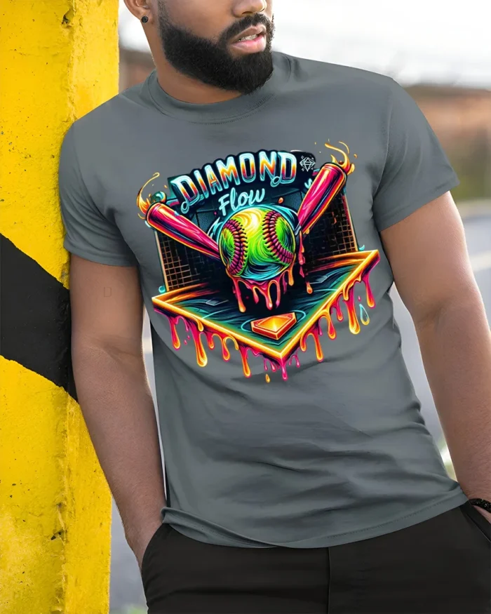 Diamond Flow Softball Drip Neon Graphic T-Shirt Black - model in grey shirt leaning against column