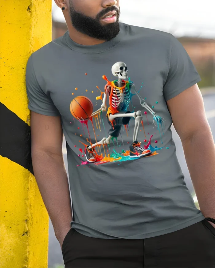 Skeleton Basketball Neon Drip Court Graphic T-Shirt - model in grey shirt leaning against column