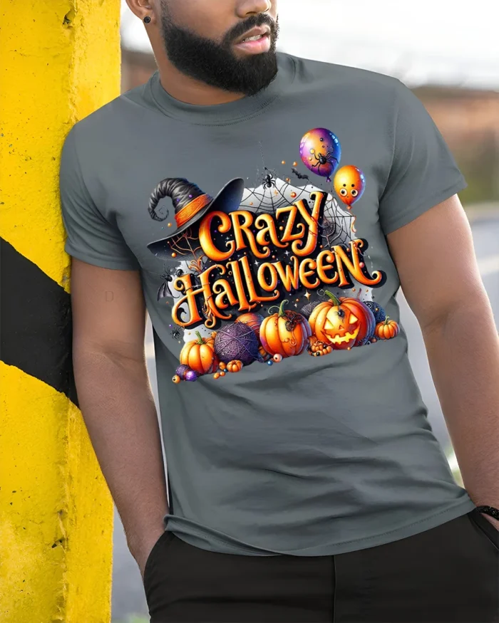 Crazy Halloween Pumpkins Witch Hat Graphic T-Shirt - model in grey shirt leaning against column