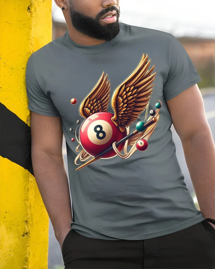 Winged Eight Ball Pool Billiards Graphic T-Shirt - model in grey shirt leaning against column