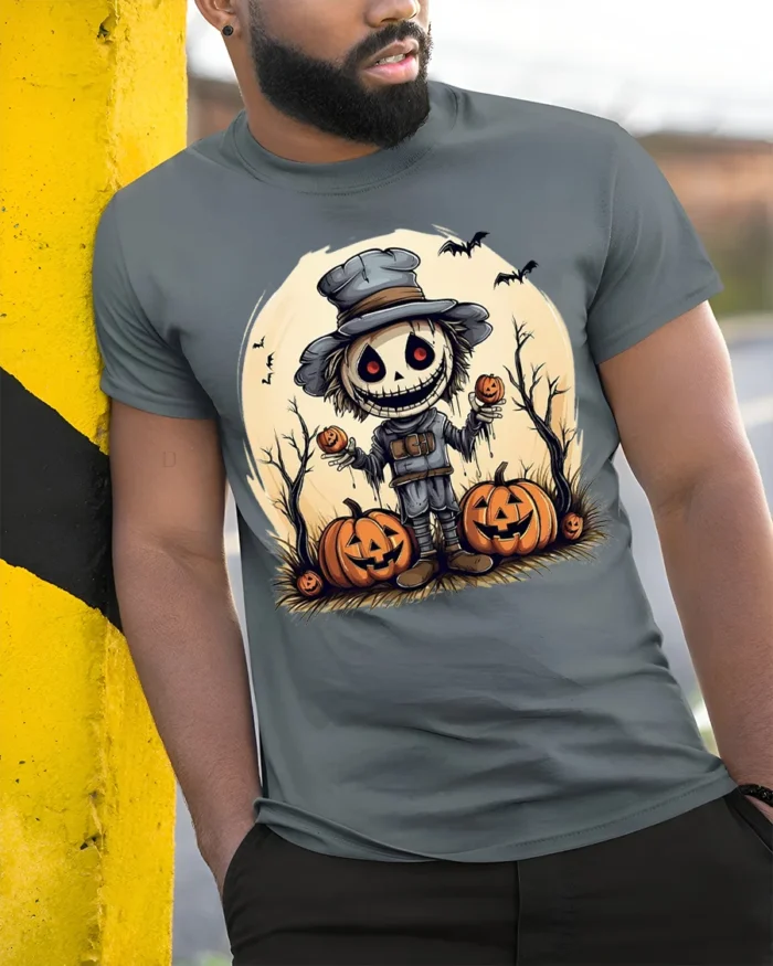 Creepy Scarecrow Pumpkin Halloween Graphic T-Shirt - model in grey shirt leaning against column