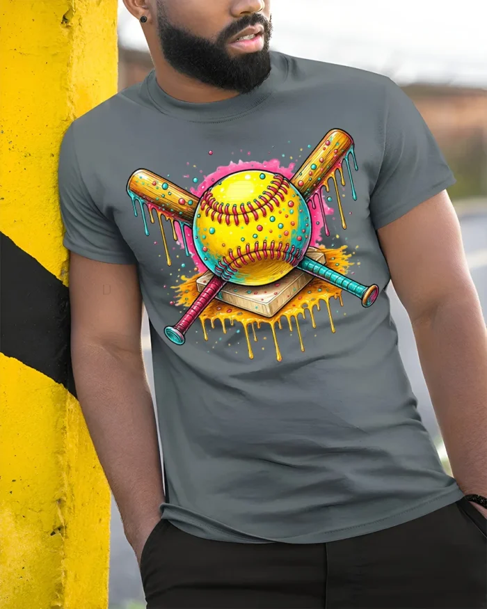 Colorful Softball Drip Bats Graphic T-Shirt Black - model in grey shirt leaning against column